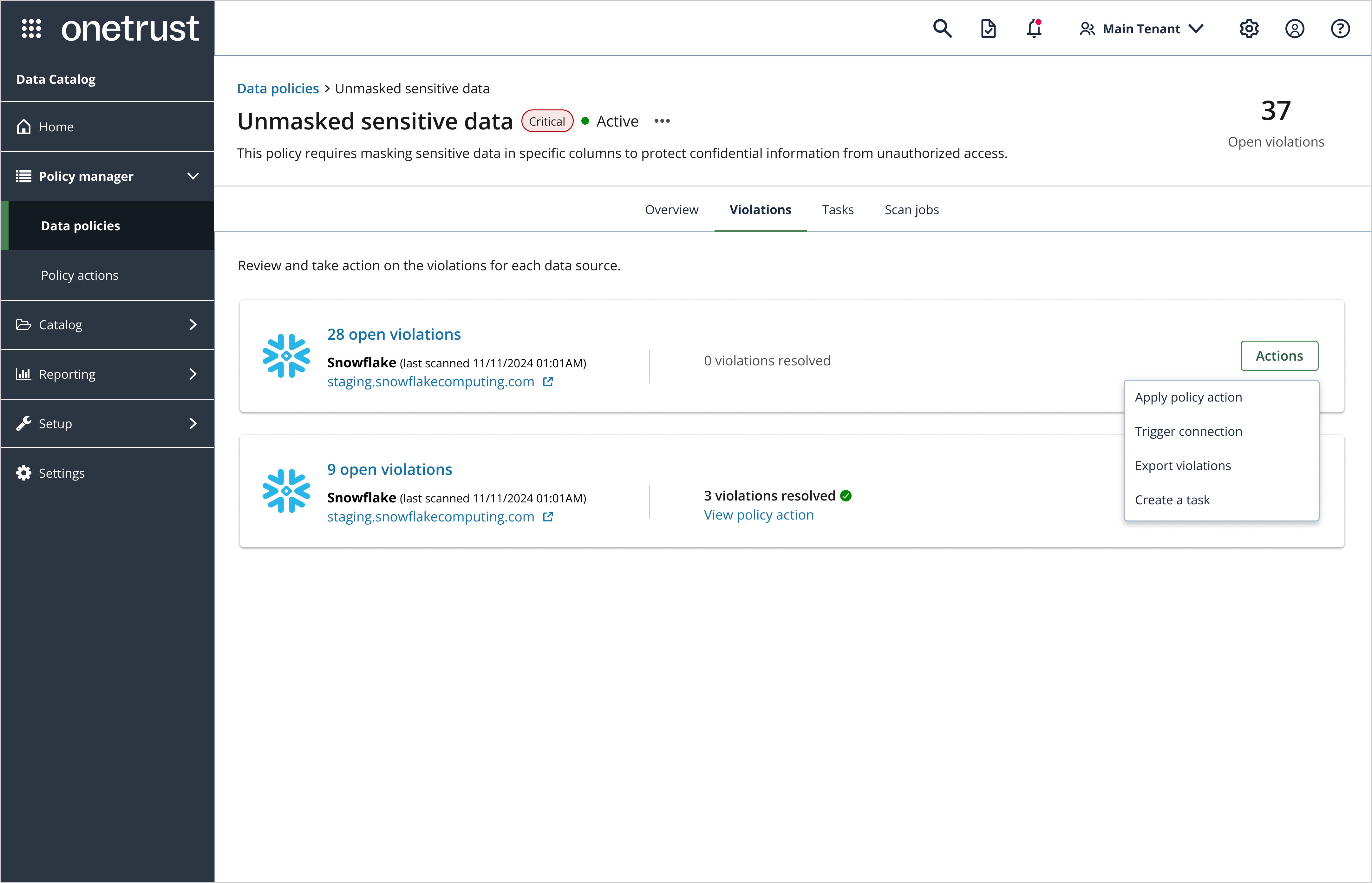 Data policy dashboard with violation details