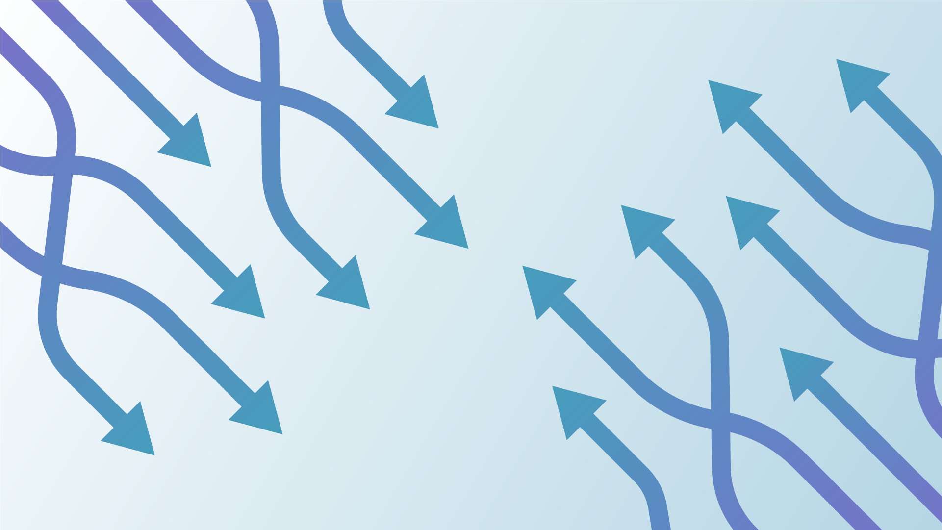 Arrows extending diagonally from two side converging in a center