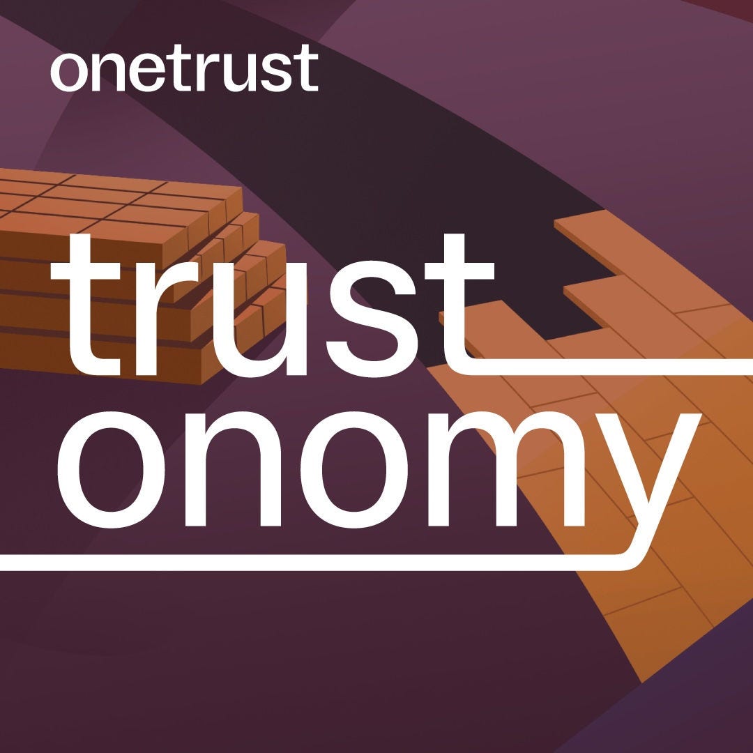 “OneTrust graphic with the word ‘trustonomy’ in large white text on a purple background, featuring abstract orange block structures resembling connected platforms or bridges, with the OneTrust logo in the top left