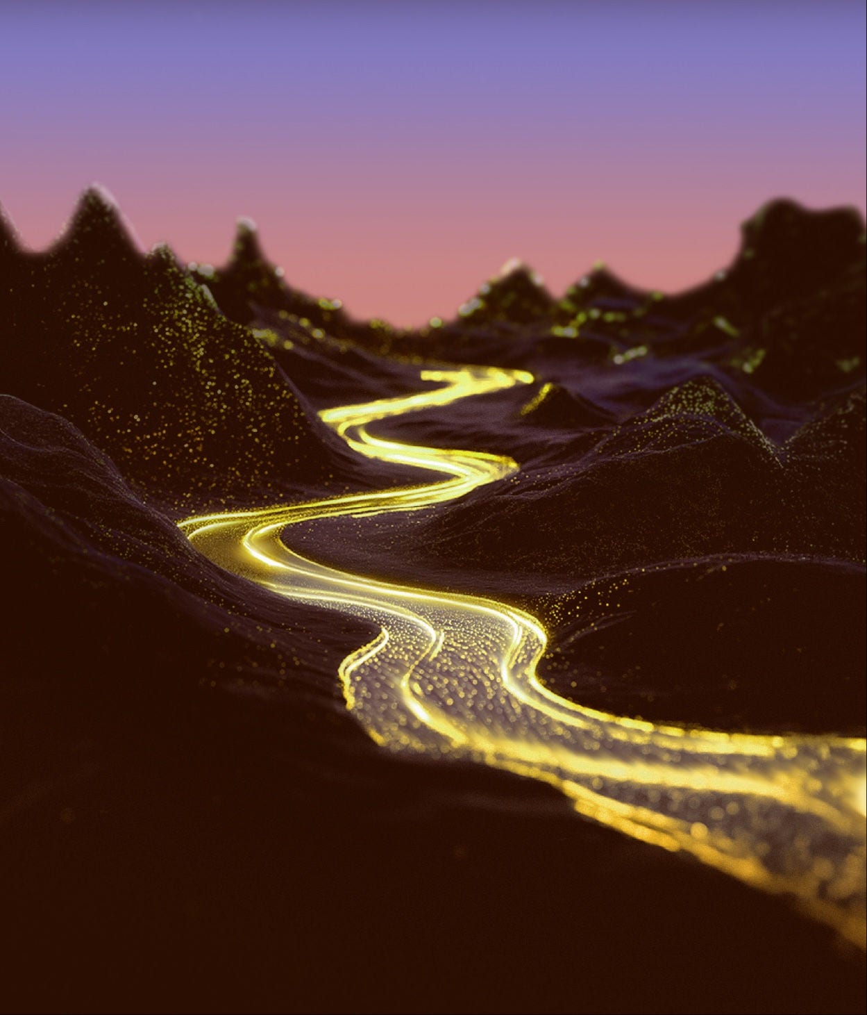 A bright, golden river runs through a mountain range at dusk.