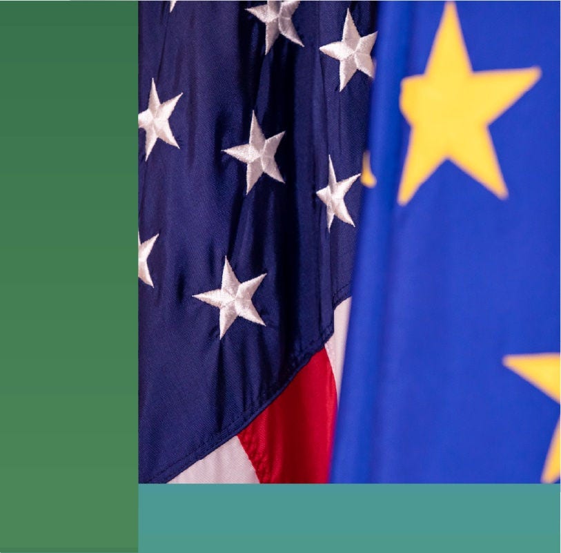 Closeup of the US and EU flags